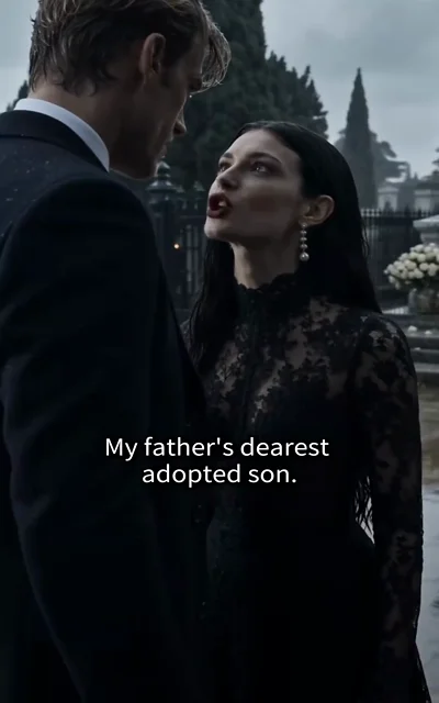 Episode 1 frame: Bella confronts the man in a suit — 'My father's dearest adopted son.' — the introduction that changes everything