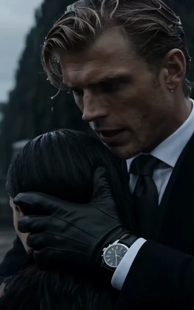 Episode 1 frame: the blonde man embraces the grieving Bella, shielding her face with his gloved hand — protection or possession?