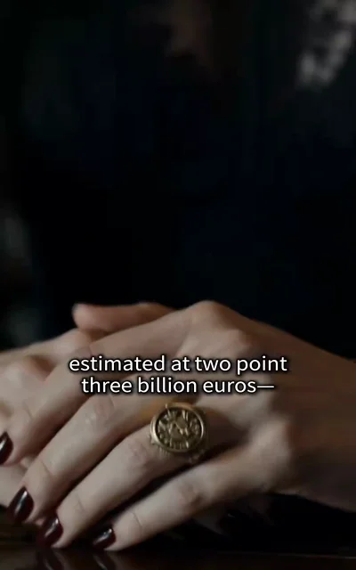 Episode 2 frame: close-up of hands clasped on a table, wearing a heavy gold family crest ring — the alliance is sealed