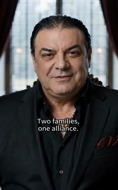 Episode 2 frame: a heavyset mafia boss declares — 'Two families, one alliance.' — the pact that binds Bella to her uncle