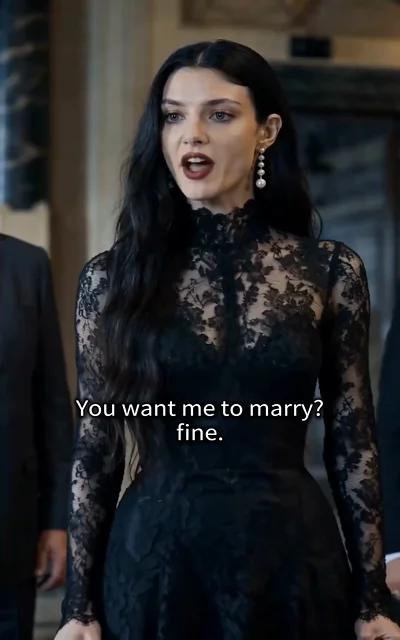 Episode 2 frame: Bella in a black lace dress defiantly accepts — 'You want me to marry? fine.' — the arranged marriage begins
