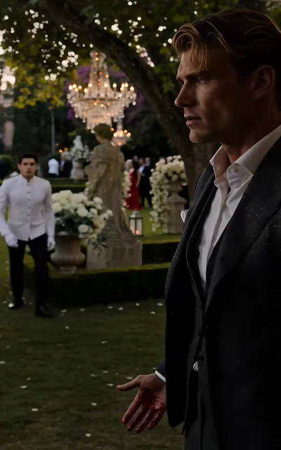 Episode 3 frame: the blonde uncle stands in a garden wedding venue, blood on his hand, chandeliers glowing behind him — the wedding's dark undercurrent