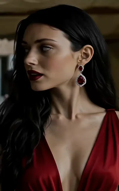 Episode 3 frame: Bella in a deep red gown with ruby earrings, looking away with a determined expression — the bride who is already planning her revenge