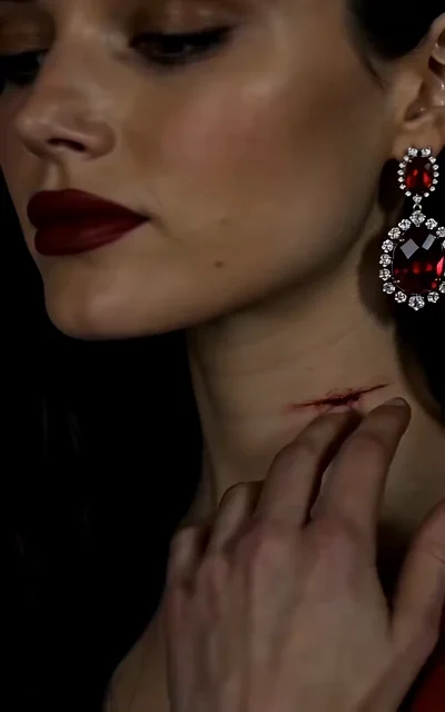 Episode 3 frame: close-up of Bella's neck showing a fresh cut, her hand touching the wound — the first physical price of House Romano