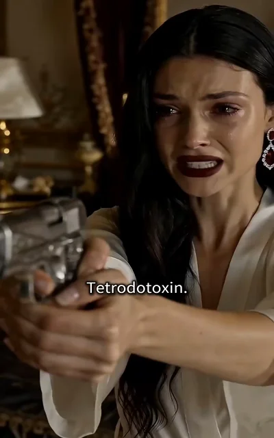 Episode 4 frame: Bella in a white blouse holds a gun with tear-streaked face — 'Tetrodotoxin.' — the poison reveal that changes everything