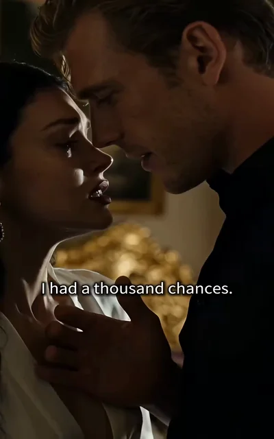 Episode 4 frame: the uncle holds Bella close in a dim room — 'I had a thousand chances.' — regret and possession intertwined