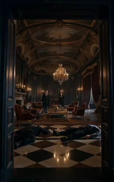 Episode 5 frame: wide shot of an ornate hall with two bodies on the floor — the cost of the alliance becomes visible