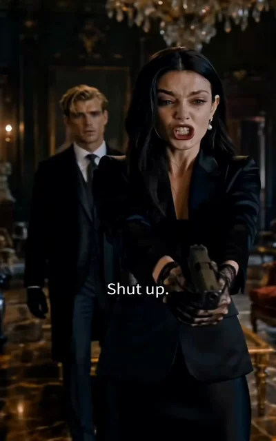 Episode 5 frame: Bella in a black suit aims a gun forward while the uncle stands behind her — 'Shut up.' — the couple's first united front