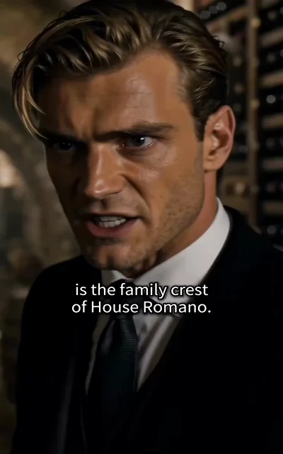 Episode 5 frame: close-up of the uncle's intense face — 'is the family crest of House Romano.' — the legacy that binds them all