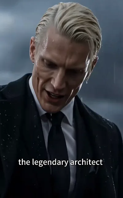 The rain-night opening — a suited figure under the "the legendary architect" caption, the fall about to begin (ep1; caption as aired, quoted from the frame, not reused in page copy)