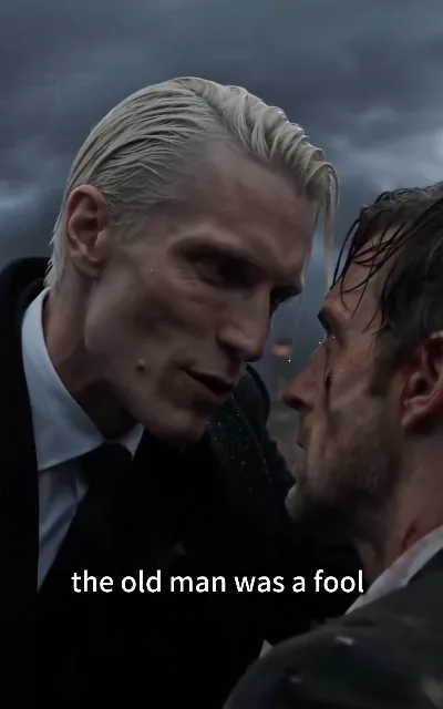 "the old man was a fool" — the rain-night confrontation, two men and one betrayal too many (ep1, subtitles as aired; attribution left to the story, not asserted)