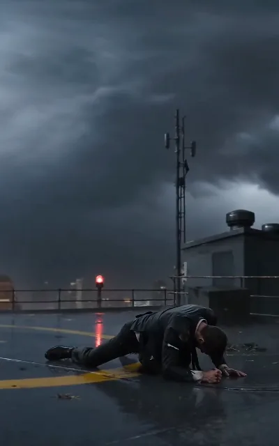 The rooftop in the rain — a man at his lowest, the fall complete (ep1; no violence shown)