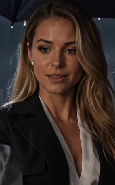 Under an umbrella in the rain — a woman with golden-brown waves, her place in the story left to the episodes (ep1; unnamed, identity not asserted)