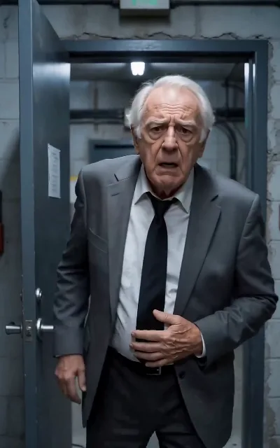 The white-haired man at the desk — a regular in the machine room, unnamed, watching (ep2)