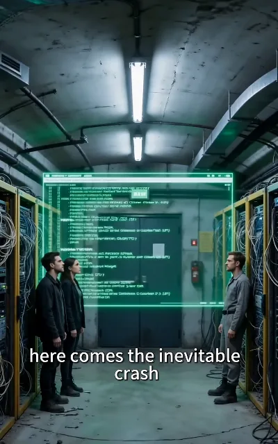 "here comes the inevitable crash" — the green holo-screen verdict, broadcast to the floor (ep3, subtitles as aired)