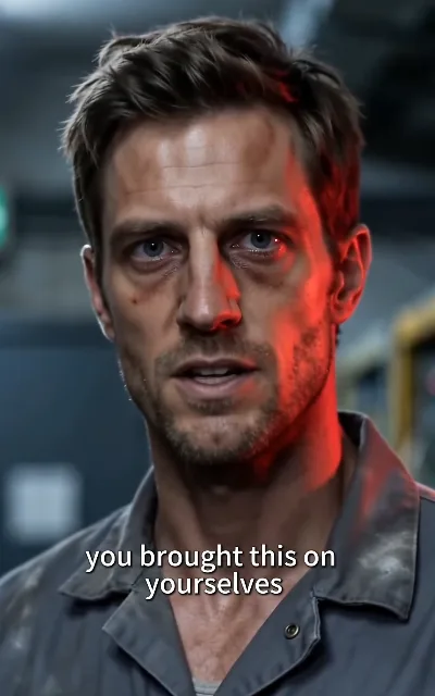 "you brought this on yourselves" — the revenge declaration, the man in gray workwear backlit (ep3, subtitles as aired)