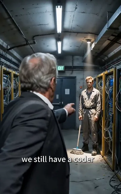 "we still have a coder" — the spotlight moment: a gray-haired suit pointing at the man holding the mop (ep4, subtitles as aired)