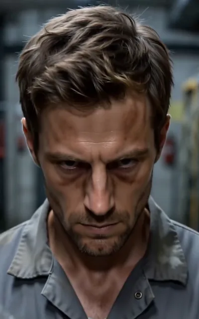The Architect in close-up — gray workwear, top light, the janitor the whole floor underestimated (ep4)