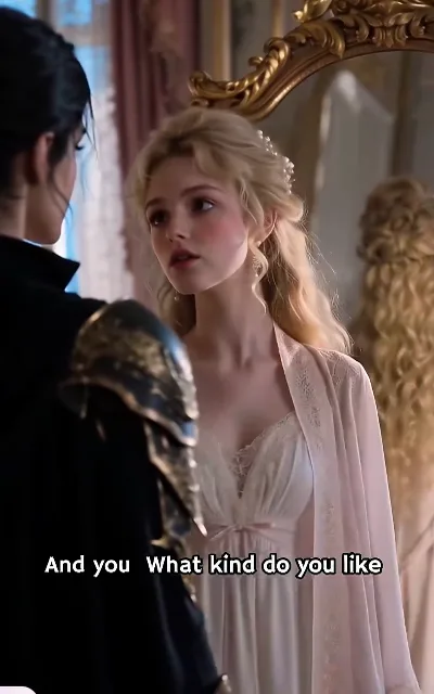Princess Leonora looks up from a gilded mirror and teases her knight in return, "And you? What kind do you like?"