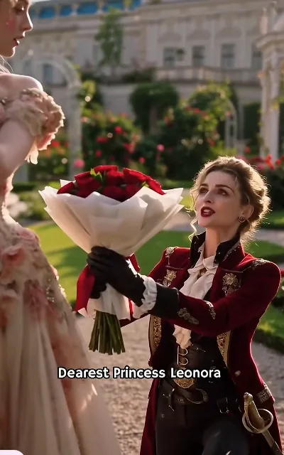 Lady Elara kneels on one knee in the palace garden, offering a bouquet of red roses with the words "Dearest Princess Leonora"