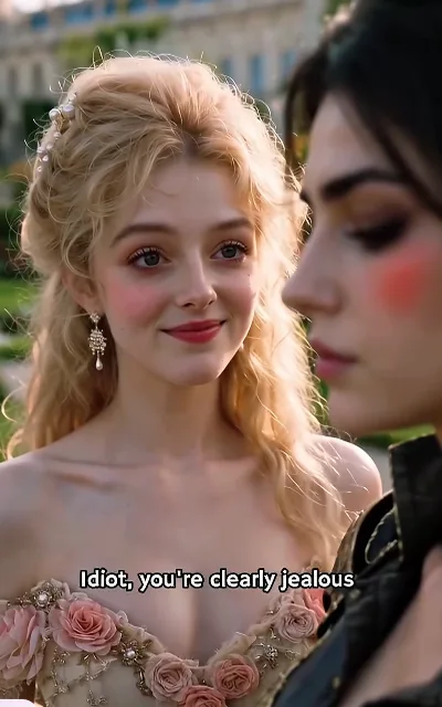 Princess Leonora in a blush rose-embroidered gown smiles up at her stiff knight and says, "Idiot, you're clearly jealous"