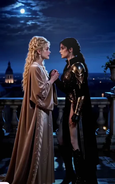On a moonlit castle balcony, Princess Leonora in a champagne gown and Serena in black-gold armor stand hand in hand, foreheads close