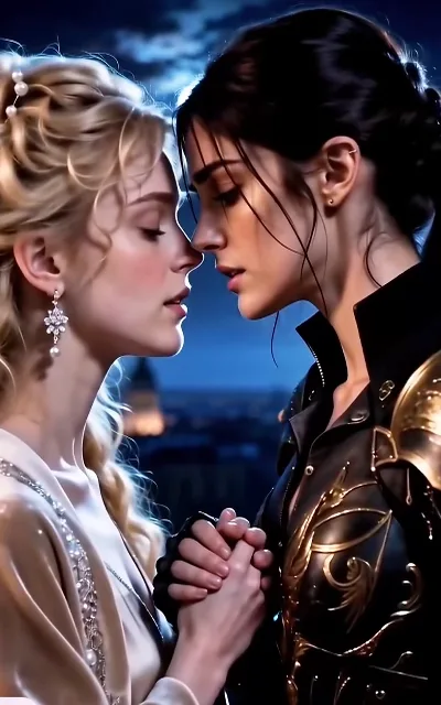Near-kiss on the balcony: eyes closed, the princess and her knight lean in until their foreheads touch, hands still intertwined