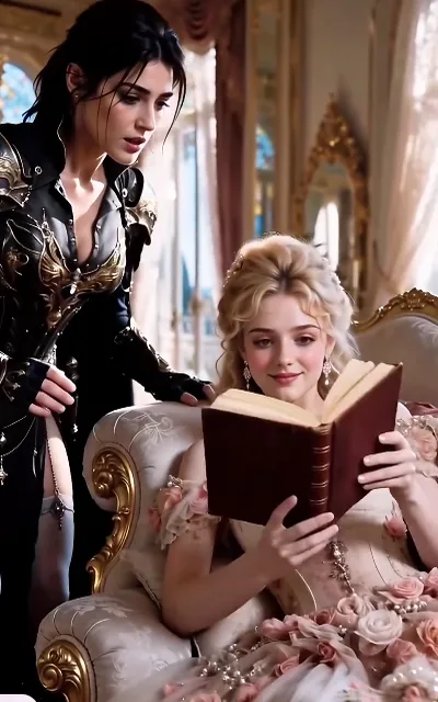 Morning after: the awakened princess hugs a book on the sofa and beams up at her knight standing beside her