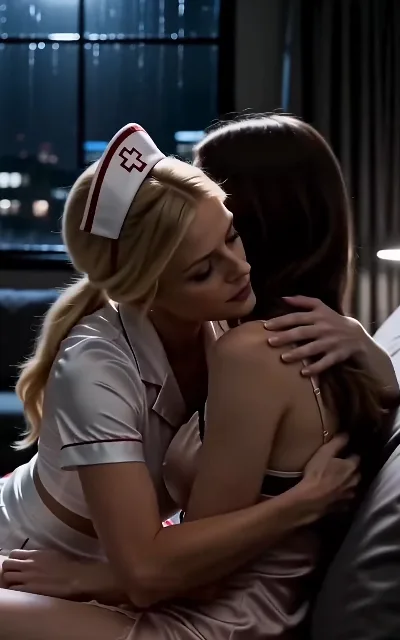 The embrace after the worst of it — Blair holding Elena from behind by the rain-lit window, both of them past pretending this is just a job (ep3)