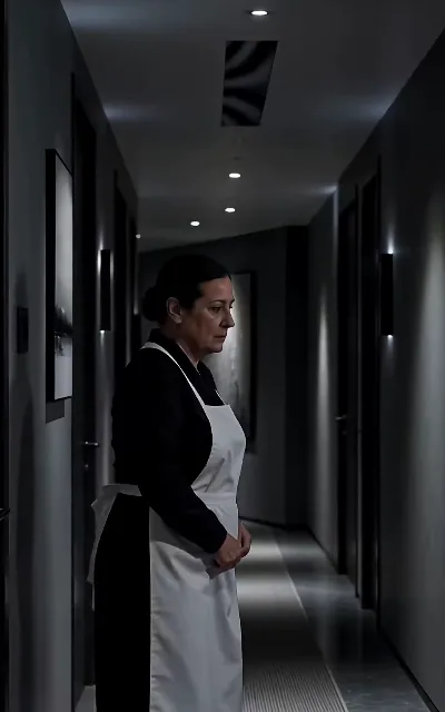 The housekeeper in the corridor — black uniform, white apron, waiting for instructions; the villa keeps its own watch, and she stays unnamed (ep3)