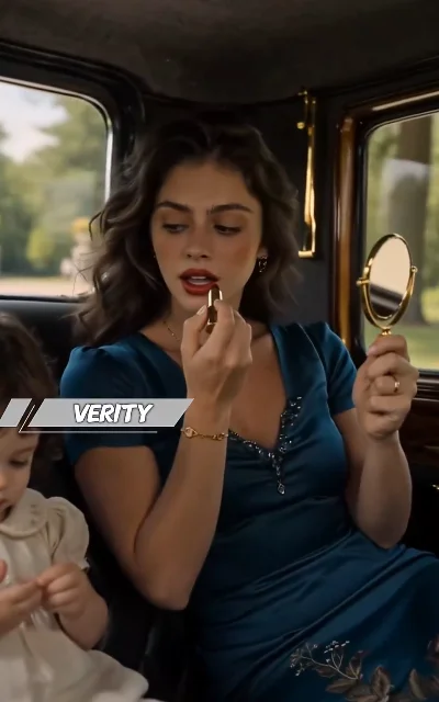 Episode 1 frame: inside a train carriage, a woman touching up her makeup with a silver nameplate 'VERITY' visible — subtitles as aired