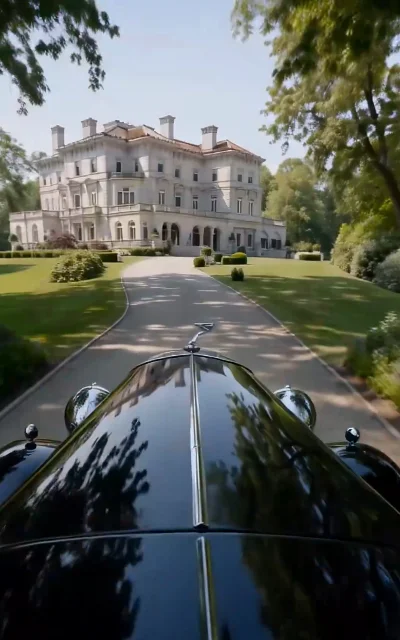 Episode 1 frame: a vintage car hood first-person view driving toward the manor — era atmosphere