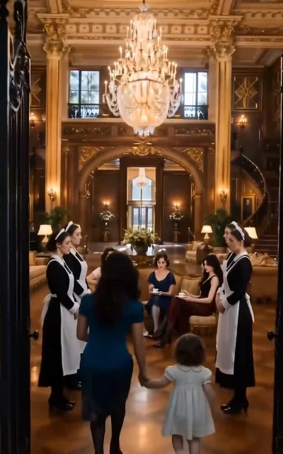 Episode 1 frame: manor entrance hall, maids lined up, mother and daughter stepping through the door, crystal chandelier — the reception scene, far composition, the little girl is a background element