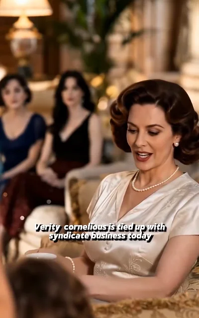 Episode 1 frame: high-society gathering, 'Verity cornelious is tied up with syndicate business today' — subtitles as aired, name anchor