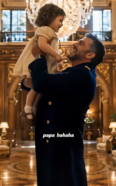 Episode 5 frame: father-daughter play, 'papa hahaha' — subtitles as aired, far composition, warm-family beat