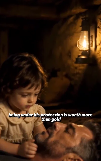 Episode 6 frame: kerosene-lamp warmth, a small hand gently touching the man's jaw, 'being under his protection is worth more than gold' — TOP quote, subtitles as aired