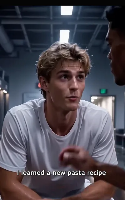 The gym-floor pivot — Luca in a plain white tee listening mid-breath while a raised hand talks from the edge of frame — "I learned a new pasta recipe" (ep1, subtitles as aired)