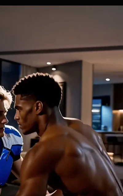 The living-room face-off — the quarterback bare-shouldered and grave under the warm downlights, the receiver in his blue-and-white top standing his ground, the whole room holding its breath (ep2)
