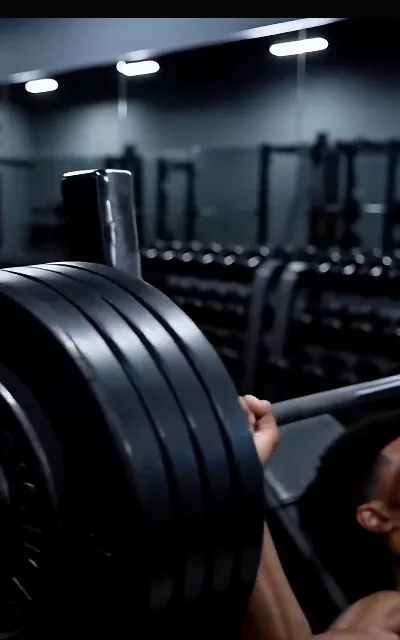 The barbell chapter — a loaded bar under the gym’s cold strip lights, chalk-dry air, a hand locked on the knurling at the top of the lift (ep3)