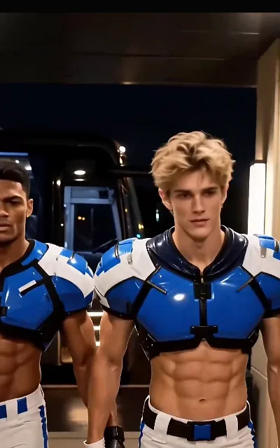 The night exit — two of the three walking side by side toward an open car door, blue-and-white armor catching the dark, the city behind them (ep4; vehicle kept unbranded as aired)