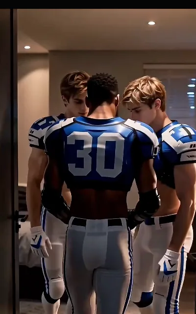 The number-30 huddle — the quarterback’s back to camera with his white 30 printed across blue-and-white pads, a teammate at each shoulder, all three in frame at once (ep6)