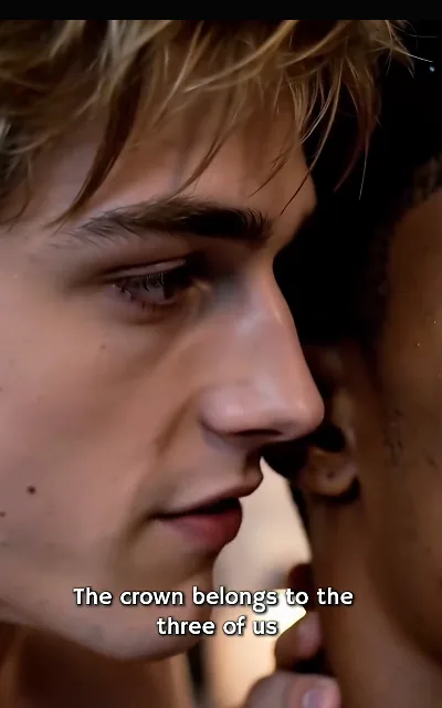 The crown line — Luca close against Kane’s ear under the warm light, the whole triangle spoken into it — "The crown belongs to the three of us" (ep6, subtitles as aired; line wrapped over two lines in frame)