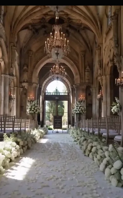 The gothic-church wedding venue in full — petal-strewn aisle, candelabras, arched windows — the stage on which a business arrangement is about to be signed in ivory and black (ep1)