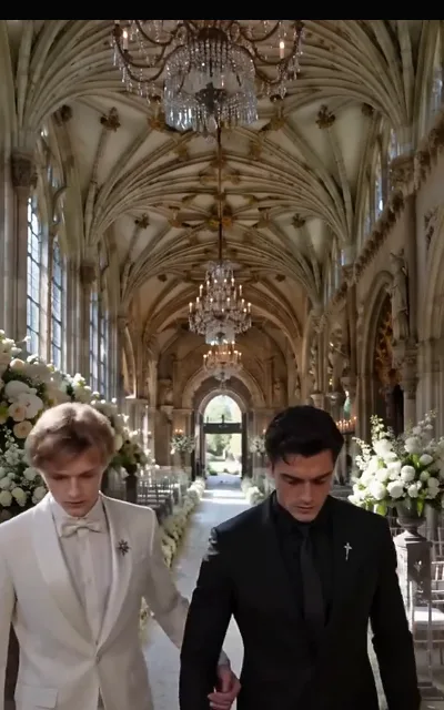 The two grooms walking hand in hand down the aisle — Eli in ivory formal, Kalen in full black — the one-white-one-black visual rhyme of a marriage of convenience, and the source of this page’s key art (ep1)