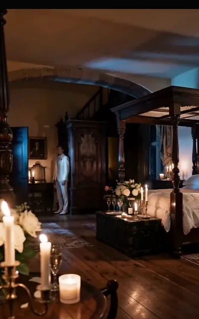 The bridal suite dressed in candlelight, roses and champagne, Eli a distant ivory figure in it — an atmosphere scene with no one close, staged exactly as shot (ep1)