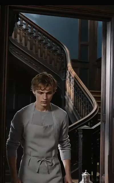 Eli in his apron before the mansion’s spiral staircase, a silver pot in frame — the house’s texture set against the labor inside it (ep2)