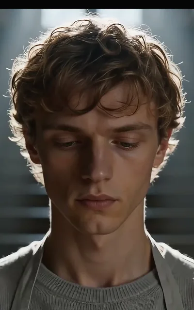 Eli backlit in close-up, apron straps and a level, quiet face — the calm surface of the giving years (ep2; young-styled domestic look — kept out of hero and avatar use per the sourcing ledger)