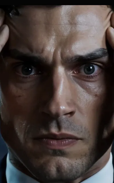 Kalen in a white shirt with both hands pressed to his forehead, sweat and red-rimmed eyes — the alpha coming apart exactly where composure used to live, staged exactly as shot (ep3; distress frame as aired, not amplified)