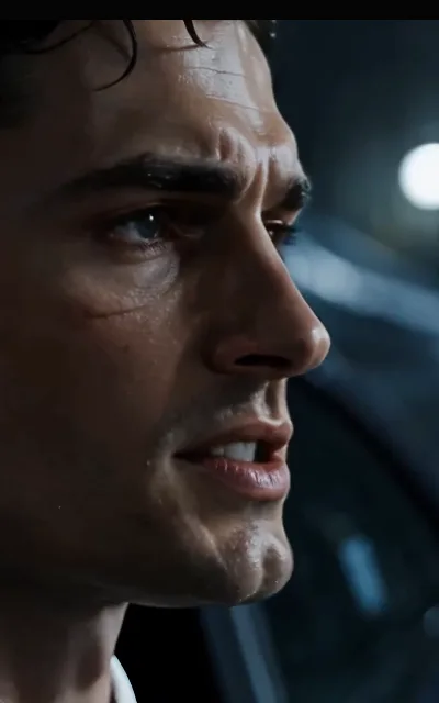 Kalen in side profile under cold blue light, everything held behind the jaw — the quieter half of the same breakdown, staged exactly as shot (ep3; distress frame as aired, not amplified)