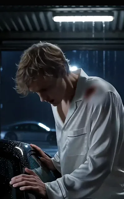 Eli in white sleepwear at a rainy-night car wash, droplets and cold light on him — the atmosphere turning with the story (ep3)